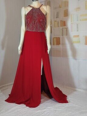 Elegant Red Beaded Halter Prom Dress with Thigh Slit